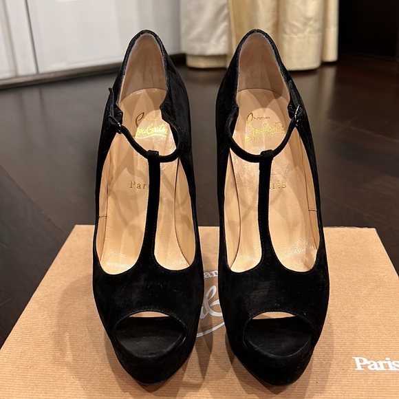 Black suede Louboutin platform heals Sz 38.5 - Picture 3 of 9